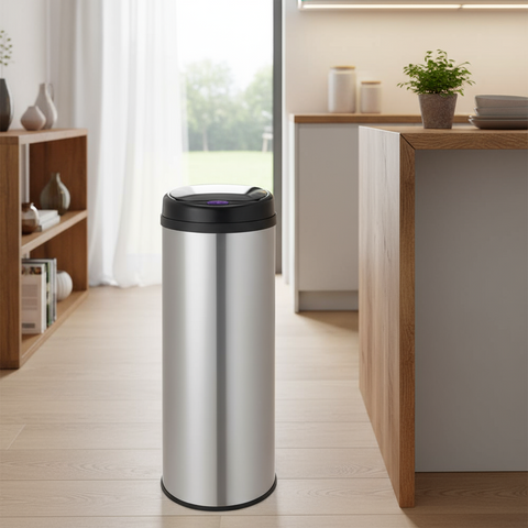 A 50 Litre HomeMax stainless steel sensor bin with a closed lid, showing a sleek round design.