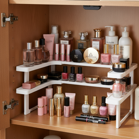 Makeup and perfume products on a wooden shelf
