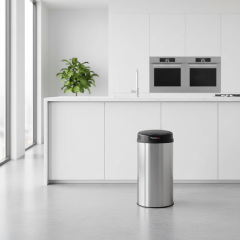 A round silver trash can with a sensor lid, branded by HomeMax.