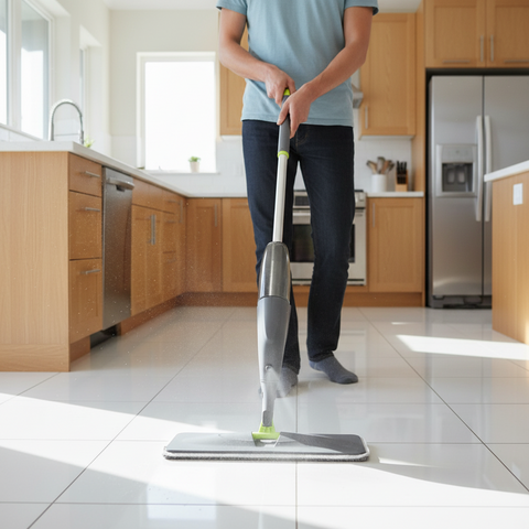 Person cleaning a kitchen floor with a mop.