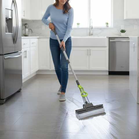 Person cleaning a kitchen floor with a mop in a modern kitchen.