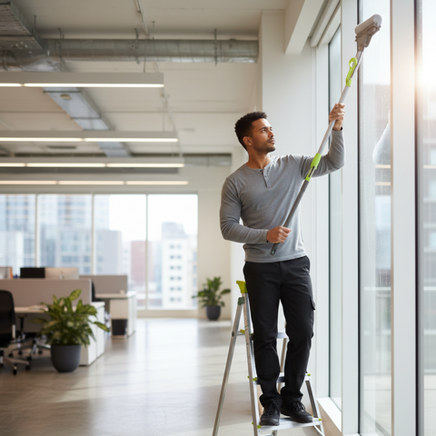 Man cleaning a window in an office setting with the Floormax Titan Squeeze Mop