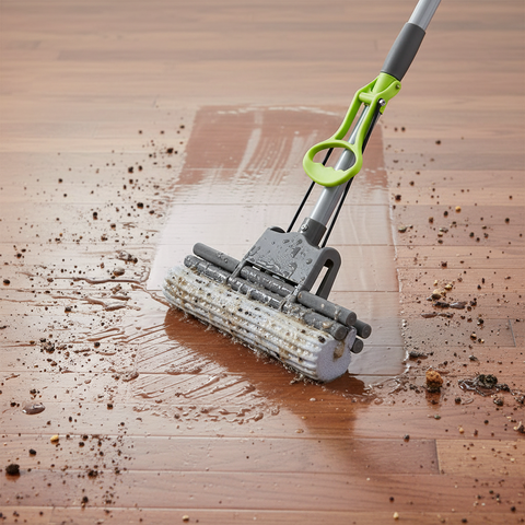 Cleaning mop with a green handle cleaning a wooden floor