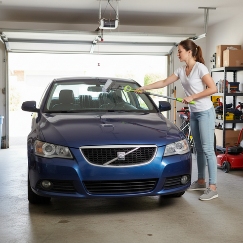 Woman cleaning a blue Volvo car inside a garage using The Floormax Squeeze Mop.