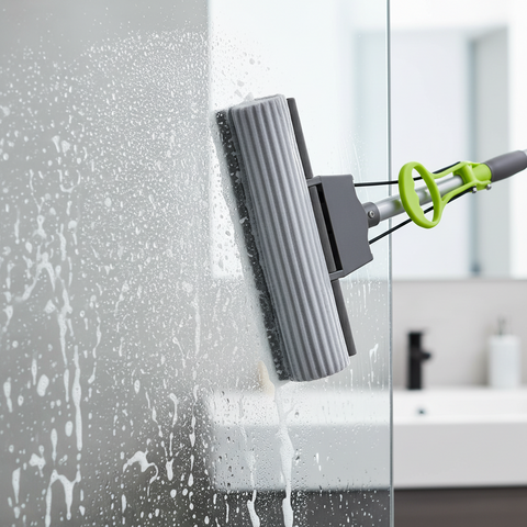Cleaning mop with a squeegee blade being used on a glass surface.