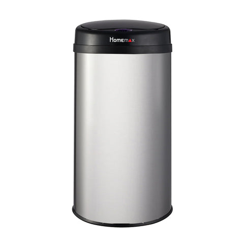 Silver trash can with black lid on a white background