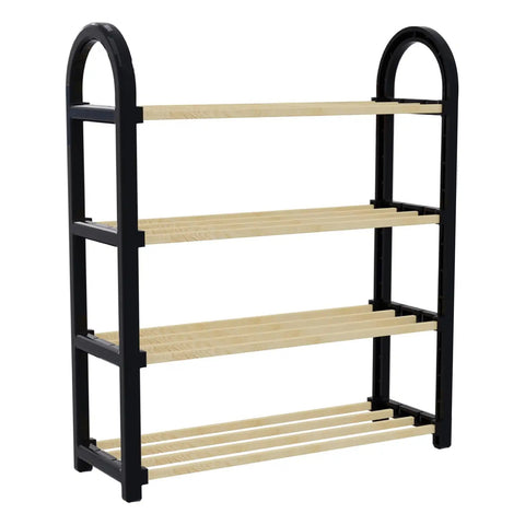 Black shoe rack with wooden shelves on a white background