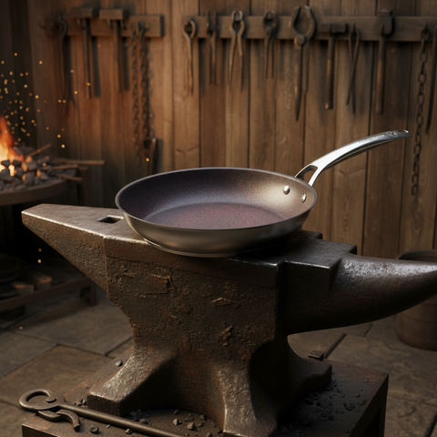 Black frying pan on a anvil in a workshop setting with tools hanging on the wall.