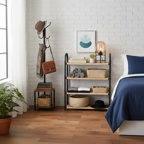 Room interior with a coat rack, shelves, and bed against a white brick wall.