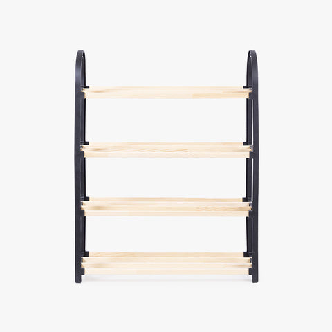 Wooden shelf with black metal frame on a white background